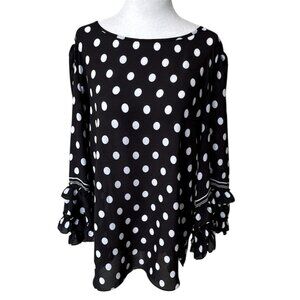Max Studio Black Blouse White Polka Dots Ruffle 3/4 Sleeves Women Size XL Sheer